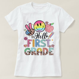 Camiseta Hello First Grade Teacher Coquette Pencil Bow