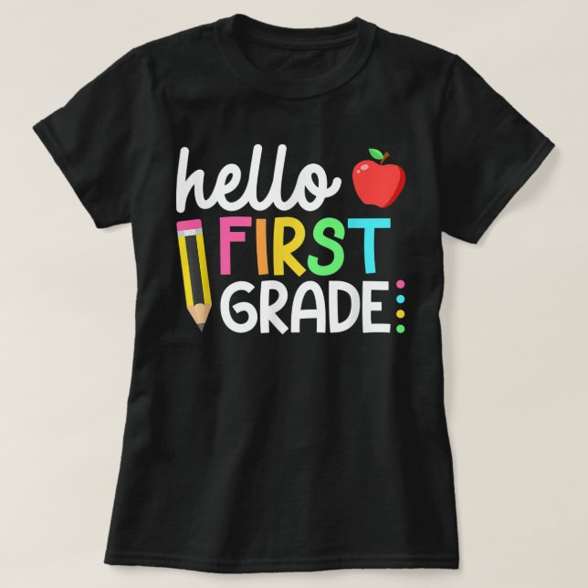 Camiseta Hello First Grade Teacher Coquette Pencil Bow (Frente do Design)