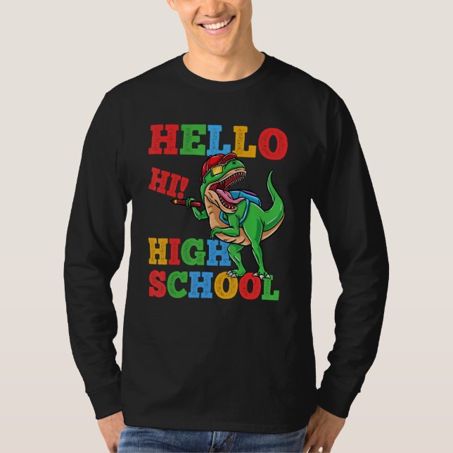 Camiseta Hello High School Rex Dinosaur Back To School Boys (Frente)