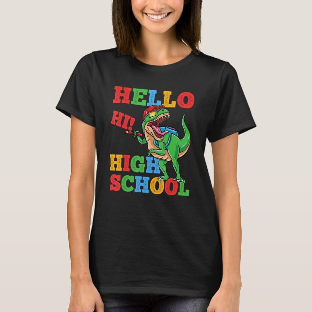 Camiseta Hello High School Rex Dinosaur Back To School Boys (Frente)