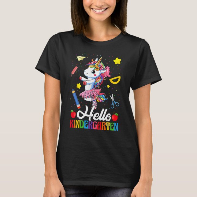 Camiseta Hello Kindergarten Dancing Unicorn Student Back To (Frente)
