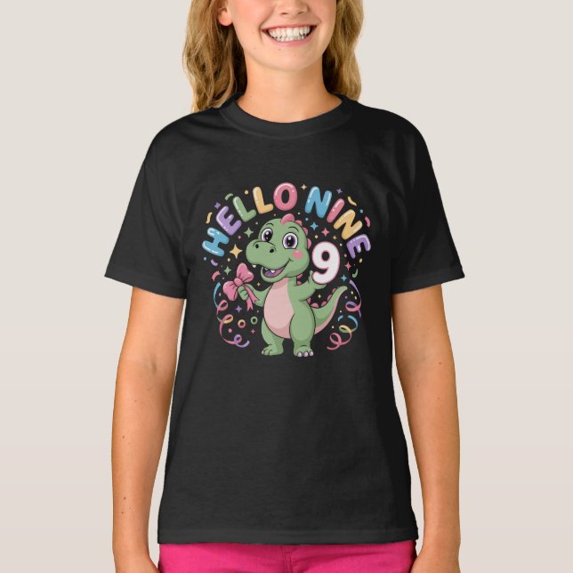 Camiseta Hello Nine Dinosaur Birthday Girl Coquette Bow (Frente)