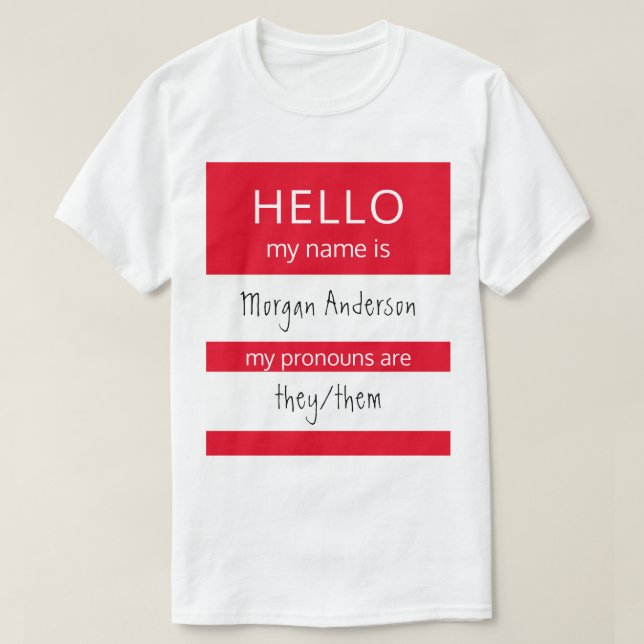 Camiseta HELLO Personalizado Meu Nome Pronounes É Crachá (Frente do Design)