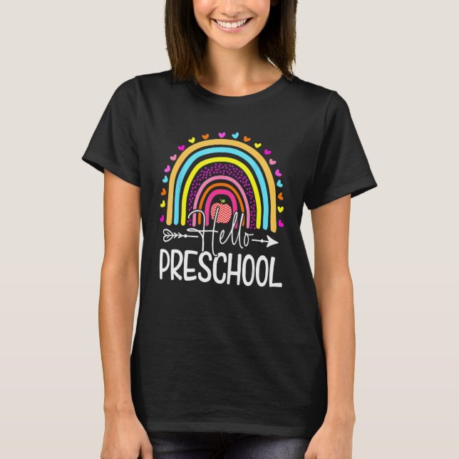 Camiseta Hello Preschool Retro Rainbow Teacher Kids Girls F (Frente)