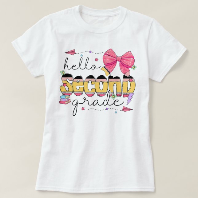Camiseta Hello Second Grade First Day Of School Coquette (Frente do Design)