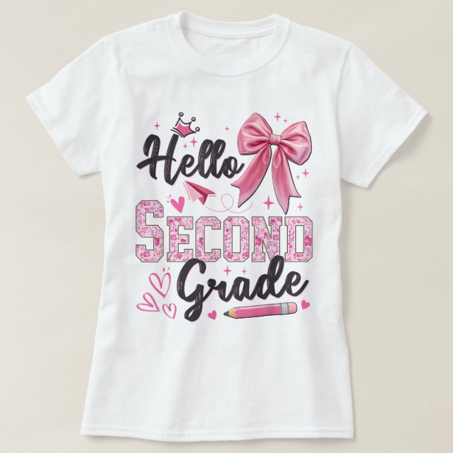 Camiseta Hello Second Grade First Day Of School Coquette Te (Frente do Design)