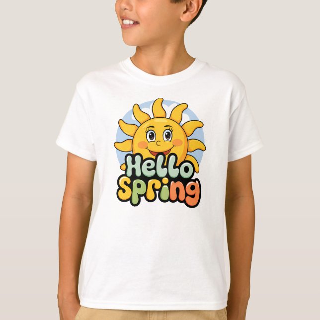 Camiseta Hello Spring : Soleil Souriant et Ciel Bleu (Frente)