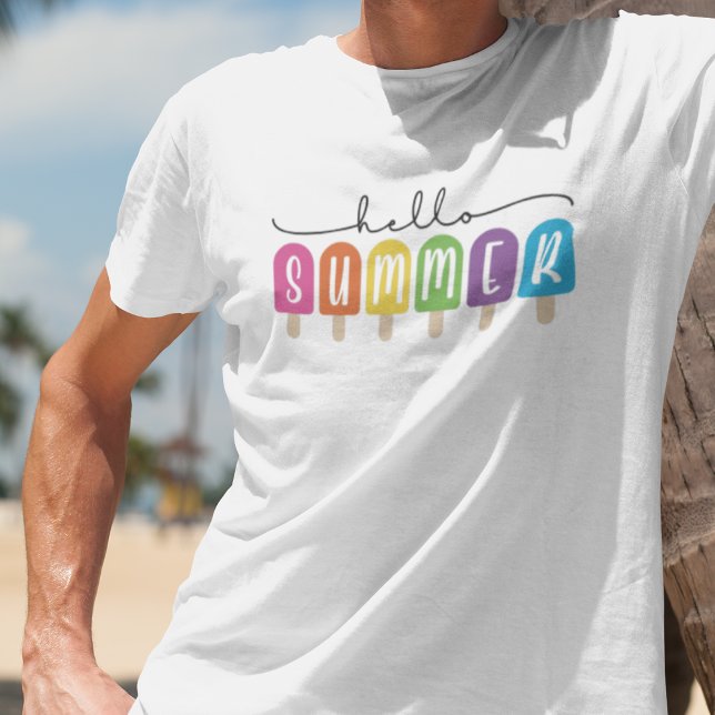 Camiseta Hello Summer com texto colorido (Criador carregado)