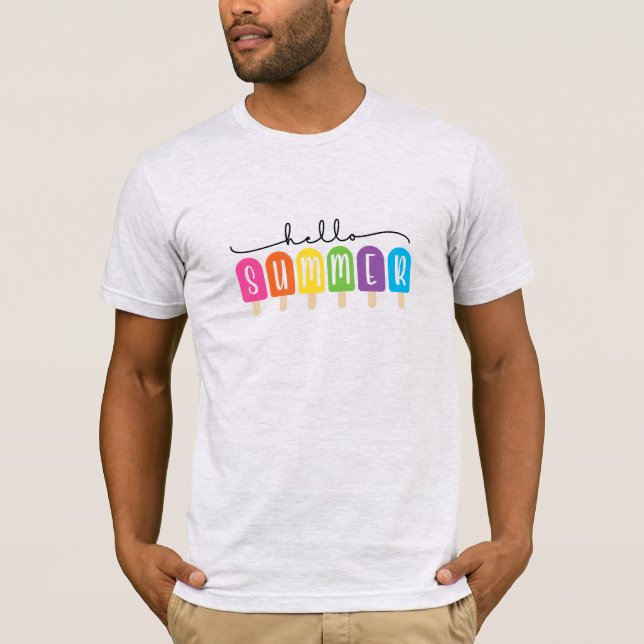 Camiseta Hello Summer com texto colorido (Frente)
