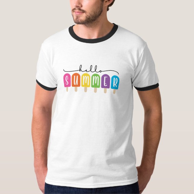 Camiseta Hello Summer com texto colorido (Frente)