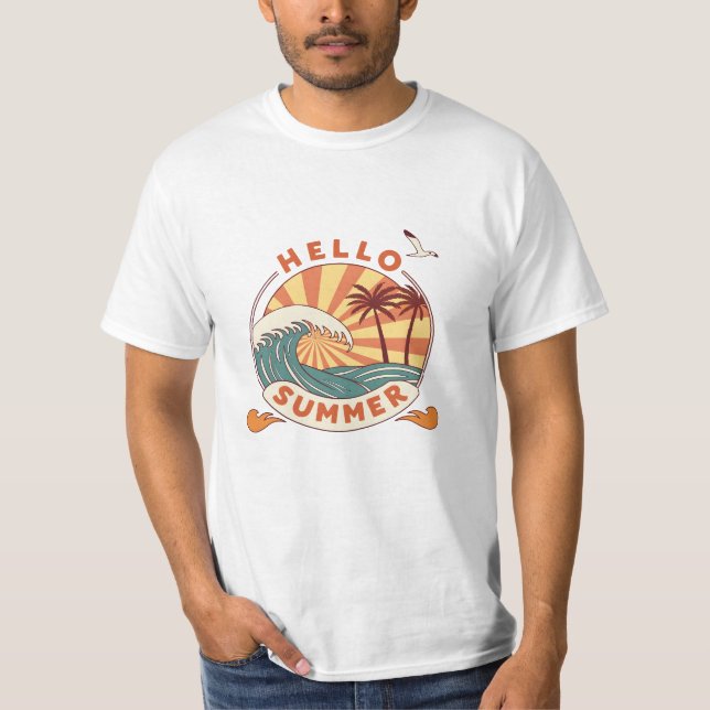 Camiseta Hello Summer: Retro Beach Vibes (Frente)