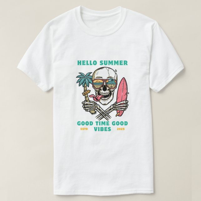 Camiseta "Hello Summer – Skull Surfer Good Vibes" (Frente do Design)