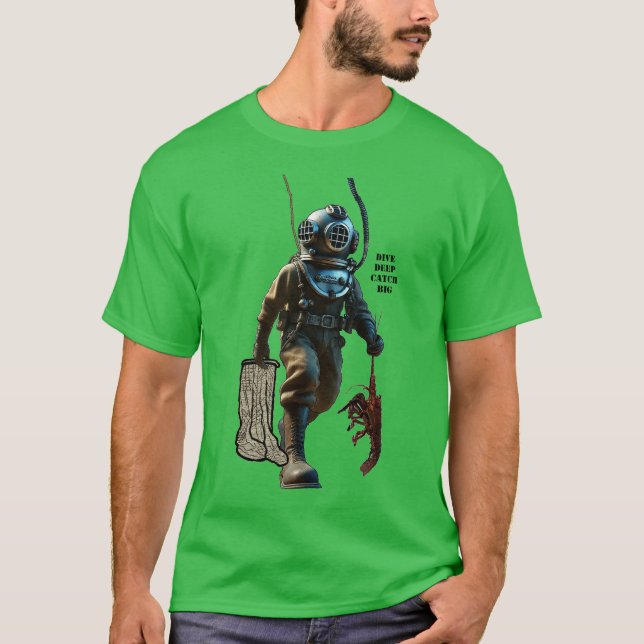 Camiseta Helmet Diver Capturando Lagosta Submarino (Frente)