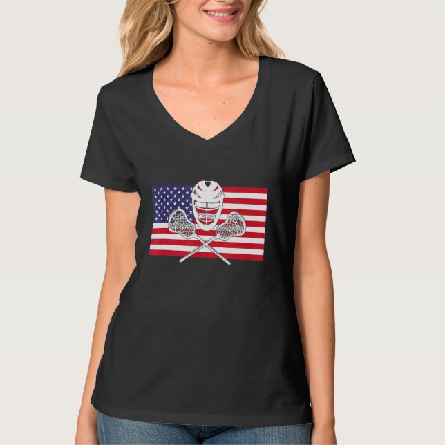 Camiseta Helmet Lacrosse American Flag Lax Stick 4th Of Ju (Frente)