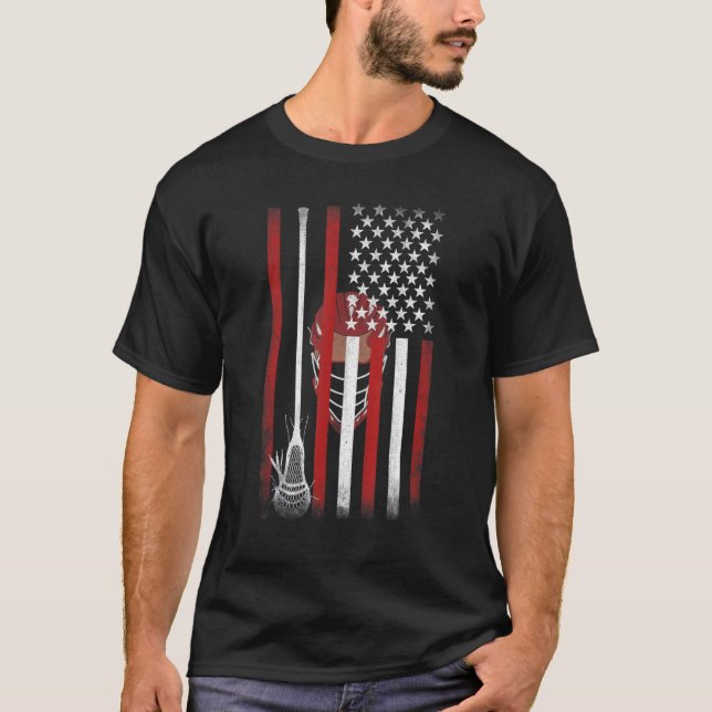 Camiseta Helmet Lacrosse American Flag Lax Stick 4th Of Ju (Frente)