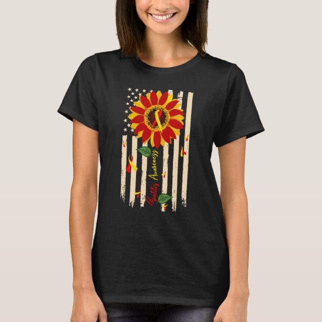 Camiseta Hepatitis Awareness Sunflower Red and Yellow Ribbo (Frente)
