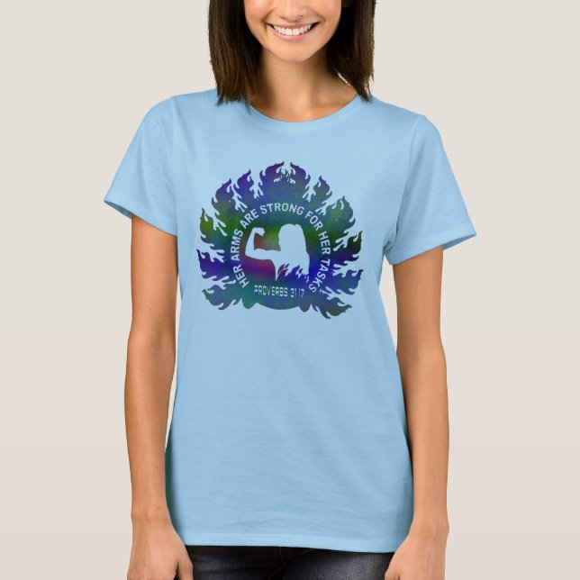Camiseta Her Arms Are Strong Christian Faith Proverbs 31:17 (Frente)