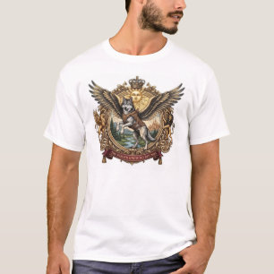 Camiseta Heráldica Majestosa do Lobo Alado - Gravura Vitori