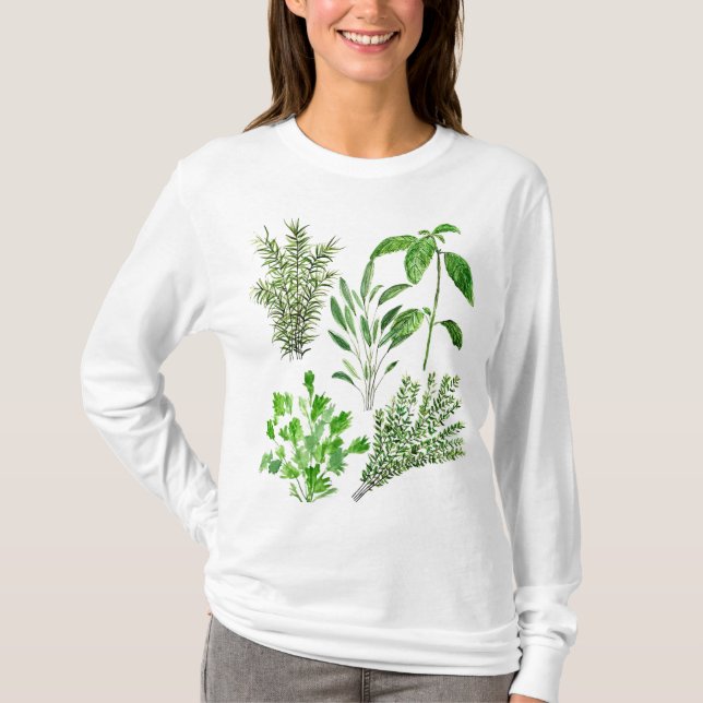 Camiseta Herbs Rosemary Sage Thyme Mint Parsley Watercolor (Frente)