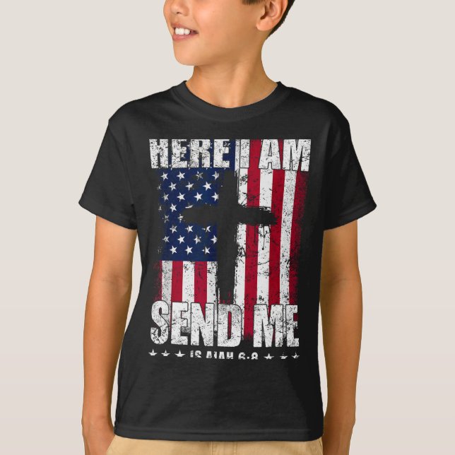 Camiseta Here I Am Send Me American Flag Cross Isaiah 6_8 B (Frente)