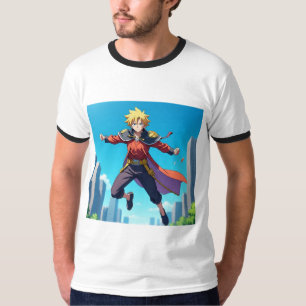 Camiseta Herói Anime Loiro em Ação – Personagem de Fantasia