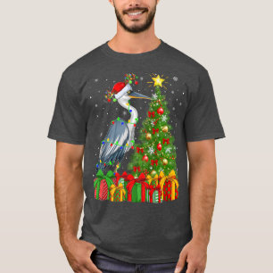 Camiseta Heron Bird Lighting Xmas Tree Santa Hat Heron Chri