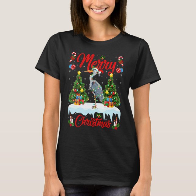 Camiseta Heron Bird Lights Xmas Tree Santa Heron Christmas (Frente)