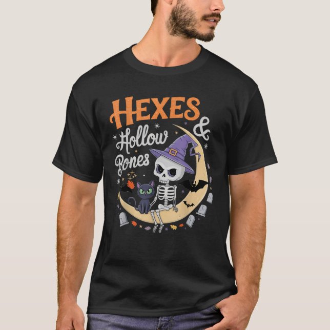 Camiseta Hexes Hollow Bones Halloween Gato Skeleton Hal (Frente)