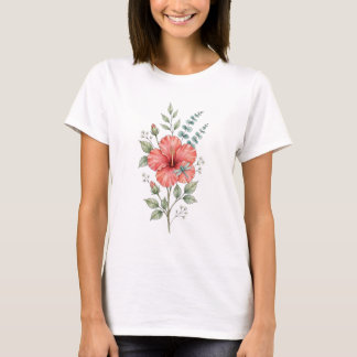 Camiseta Hibisco de Libélula Fofa Jardim de Aquarela