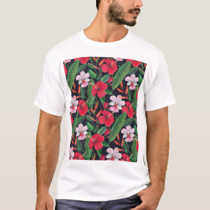 Camiseta hibisco vermelho, orquídeas, aquarela tropical.