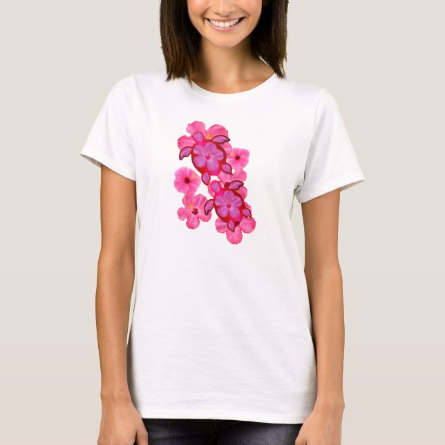 Camiseta Hibiscus e tartarugas cor-de-rosa de Honu (Frente)