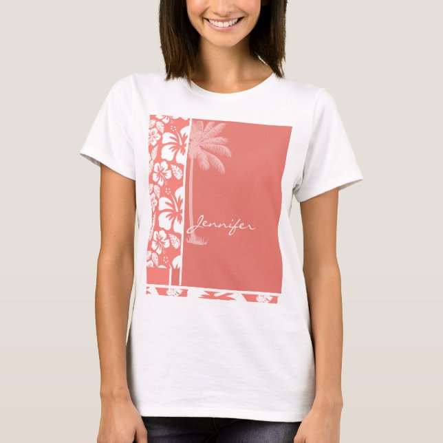 Camiseta Hibiscus tropical cor-de-rosa coral; Palma do (Frente)