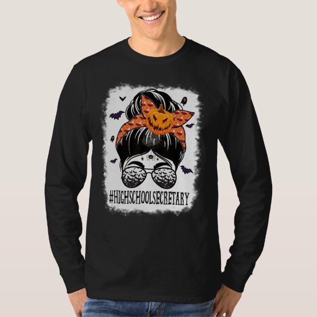 Camiseta High School Secretary Messy Bun Spooky Bat Orange  (Frente)