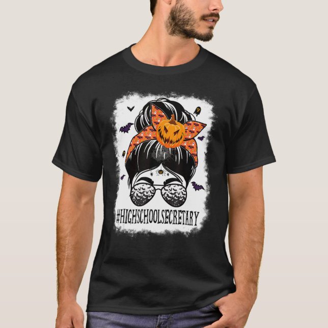 Camiseta High School Secretary Messy Bun Spooky Bat Orange  (Frente)