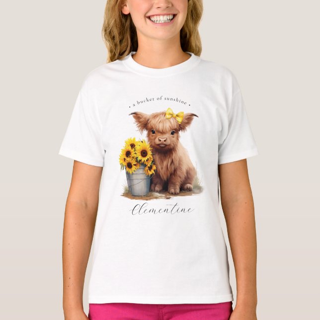Camiseta Highland Cow Sunflower Balde Girls" (Frente)