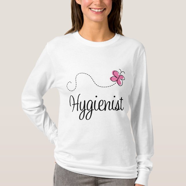 Camiseta Higienista cor-de-rosa bonito da borboleta (Frente)
