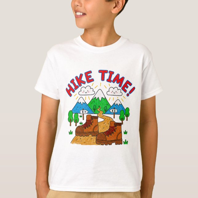 Camiseta Hike Time Kids Drawing with Mountains (Frente)