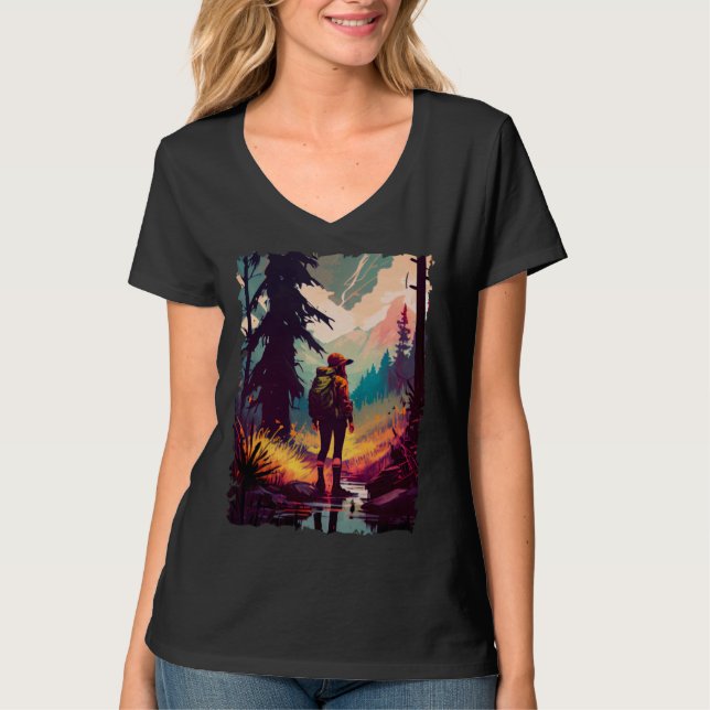 Camiseta Hiking Woman mountains sunset hiker retro 70s vint (Frente)