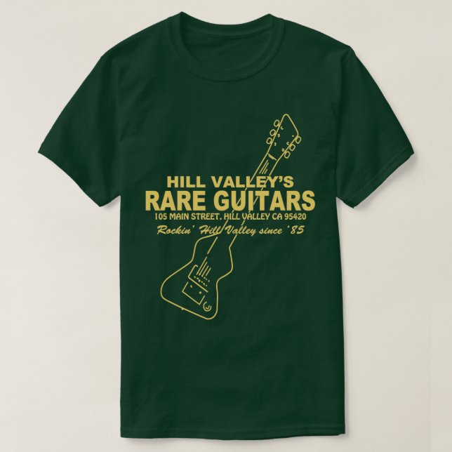 Camiseta Hill Valley Rare Guitars Rockin Since 85 Chick (Frente do Design)