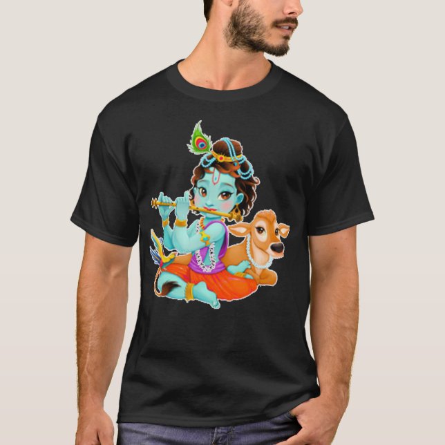 Camiseta Hindu god Lord Shri Krishna with cow and bird (Frente)