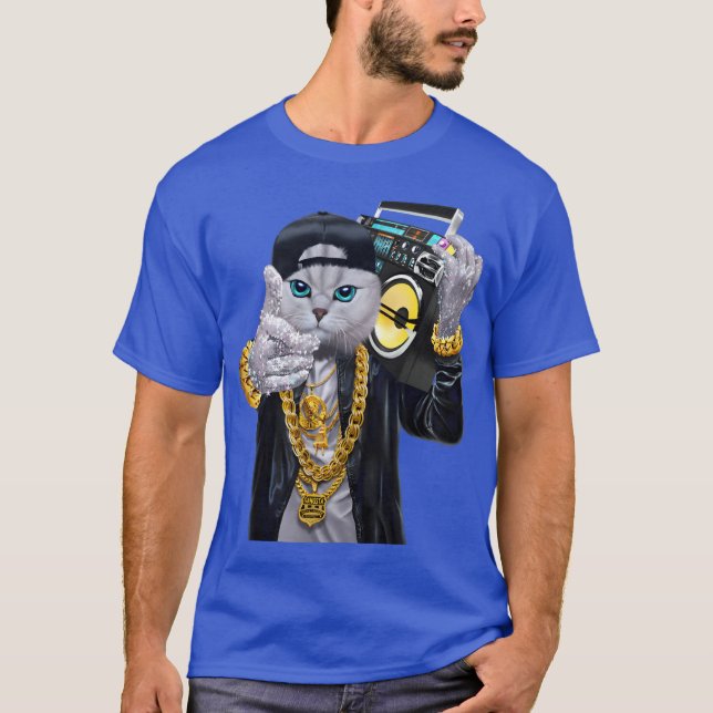 Camiseta Hip Hop Rapper Cat in Baseball Cap Carrying Music  (Frente)