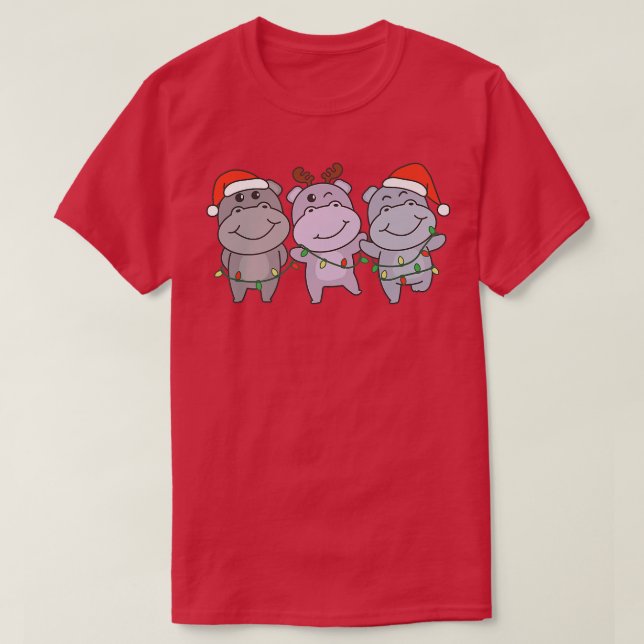 Camiseta Hipopótamo Animais de Natal Bonitos HipposT-Shirt (Frente do Design)