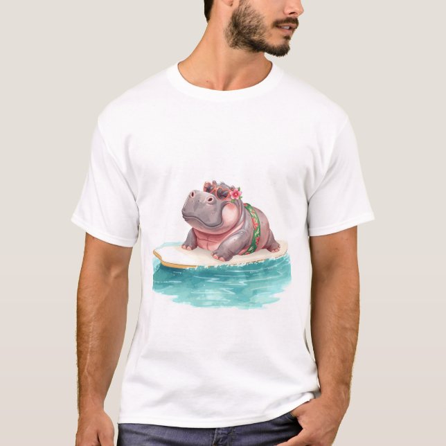 Camiseta Hipopótamo de Biquíni em prancha de surfe (Frente)