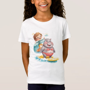 Camiseta Hipopótamo e surfista estão surfando no mar