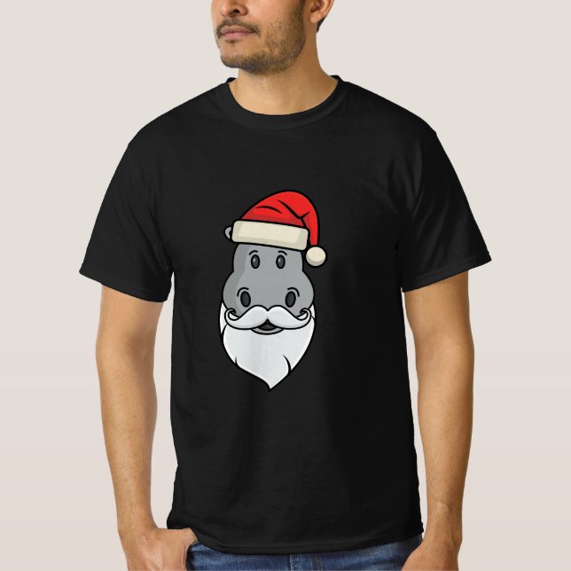 Camiseta hipopótamo engraçado com barba de papai noel e cha (Frente)