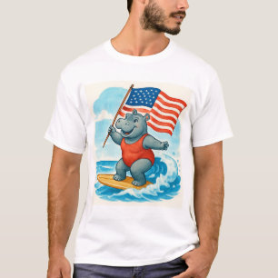 Camiseta Hipopótamo Surfista Surfando no Dia da Independênc