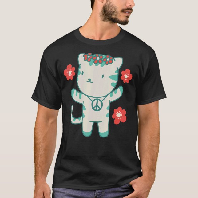 Camiseta Hippie Cat com Flores e Símbolo de Paz (Frente)