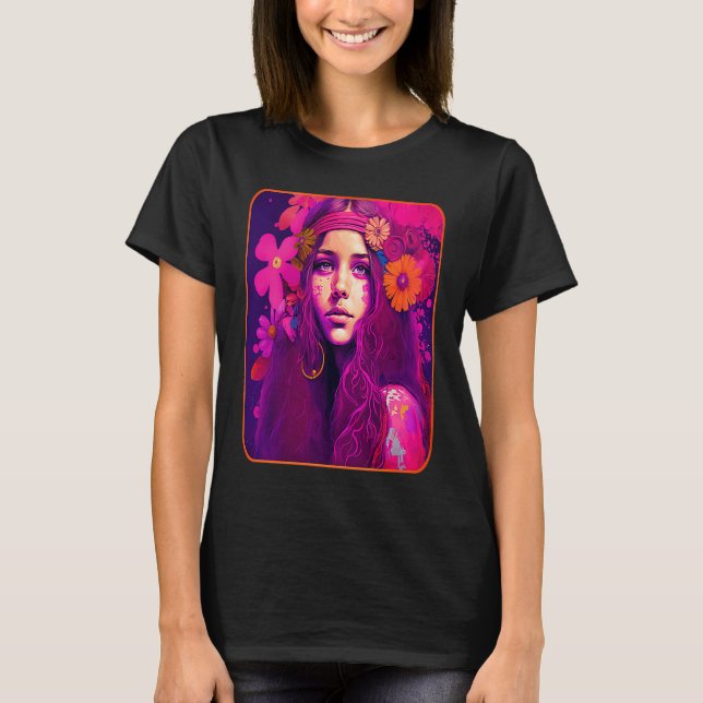 Camiseta Hippie Child In Pink With Flowers In Her Hair Retr (Frente)