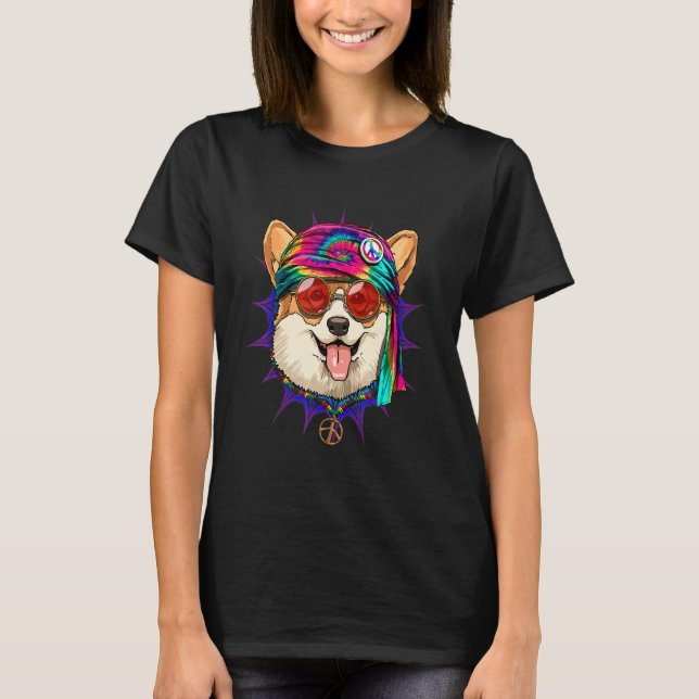 Camiseta Hippie Corgi Tie Dye Peace Sign Psychedelic Corgi  (Frente)
