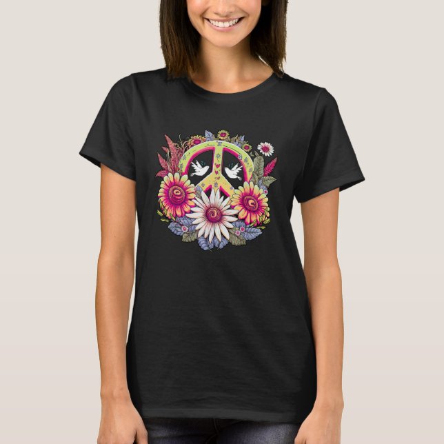Camiseta Hippie Daisy Peace Sign Retro Flower Sunflower (Frente)